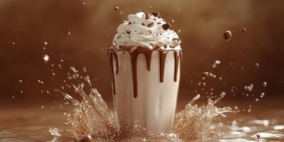 Indulgent chocolate milkshake splashes in a rich, creamy swirl beneath whipped cream and chocolate drizzle photo