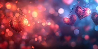 Vibrant hearts glimmer against a colorful background creating a romantic atmosphere for celebrations photo