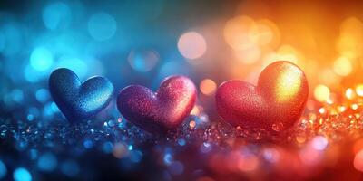 Colorful glitter hearts shine against a sparkling background with warm and cool tones during a festive atmosphere photo