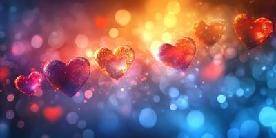 Colorful glowing hearts against a dreamy background of bokeh lights create a festive atmosphere for love and celebration photo