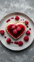 Heart-shaped dessert with raspberry sauce and fresh berries on a textured plate photo