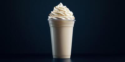 Delicious creamy dessert topped with rich whipped cream in a cup served against a dark background photo