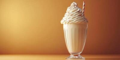 Creamy dessert drink in a glass cup with whipped topping and a striped straw photo