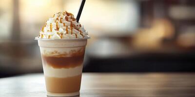 Refreshing caramel layered drink served in a clear cup on a wooden table in a cozy cafe setting photo
