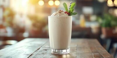 Creamy milkshake served in a glass with whipped cream and mint leaf at a cozy cafe during afternoon photo