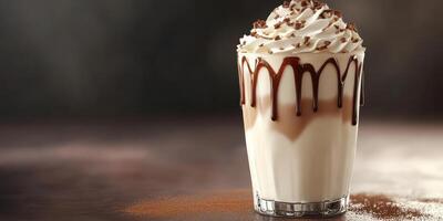 Delicious creamy dessert drink topped with whipped cream and chocolate drizzle served in a clear glass photo