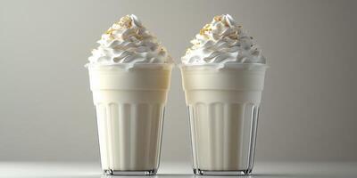Creamy milkshakes topped with fluffy whipped cream and golden sprinkles on a neutral background in a modern setting photo