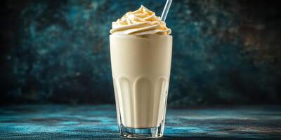 Creamy vanilla milkshake topped with whipped cream and caramel drizzle in a clear glass against a textured blue background photo