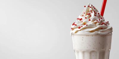 Creamy milkshake with whipped topping and red sprinkles served in a glass photo