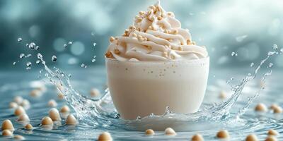 Creamy dessert in a bowl splashing water with nuts on top during a sunny day photo