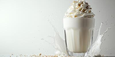 Creamy beverage with whipped topping splashing from a glass on a light background creates an artistic effect in the studio photo