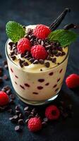 Delicious dessert featuring creamy vanilla mousse, fresh raspberries, chocolate chips, and mint leaves on a dark background photo