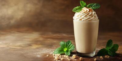 Creamy dessert beverage with whipped topping and mint leaves on rustic wooden surface photo