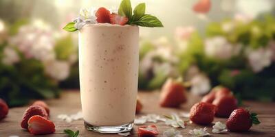 Smooth and refreshing strawberry milkshake in a garden setting with fresh fruit and decorative flowers photo