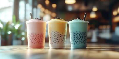 Colorful bubble tea cups sit on a wooden table in a modern cafe with soft lighting and greenery photo