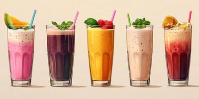 Colorful and refreshing fruit smoothies displayed in glasses at a summer gathering in a bright, cheerful setting photo