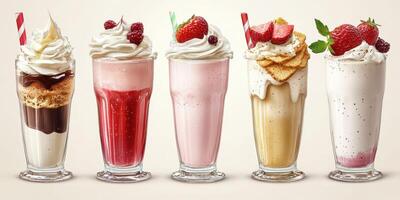 Delicious milkshakes with colorful layers and toppings in inviting glasses on a light background photo