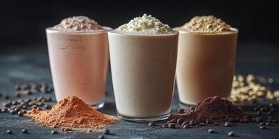Variety of nourishing smoothies displayed with colorful powder ingredients on a dark backdrop photo