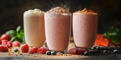 Delicious smoothies displayed on a rustic table with fresh berries and colorful ingredients in a cozy setting photo