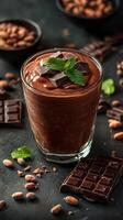 Delicious chocolate smoothie topped with dark chocolate and mint served in a glass with cocoa beans and chocolate bars around photo