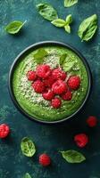 Smoothie bowl topped with fresh raspberries and basil on a textured green background photo