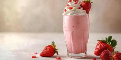 Delicious strawberry milkshake topped with whipped cream and fresh strawberries on a light background photo