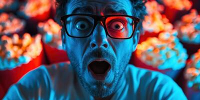 Surprised man with glasses reacts to shocking moment while watching a movie in dark theater with popcorn photo