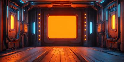 Futuristic empty room with bright orange screen and neon lights at night photo