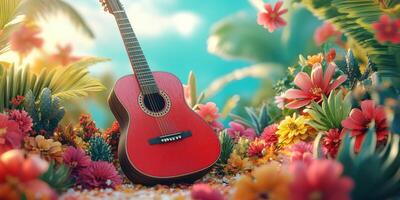 Colorful guitar surrounded by vibrant flowers in a tropical garden setting on a sunny day photo