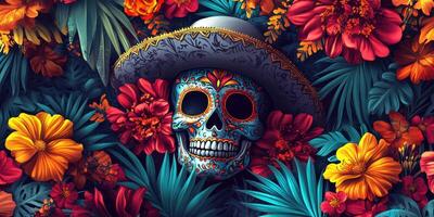 Colorful sugar skull surrounded by vibrant tropical flowers and lush foliage in a festive setting photo