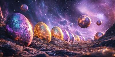 Colorful cosmic orbs floating in a vibrant galaxy filled with stars and nebulas during a serene night photo