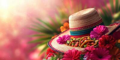 Colorful sombrero surrounded by vibrant flowers in a festive setting with soft lighting photo
