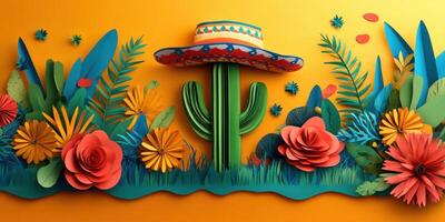Bright and colorful paper craft decorations showcasing a cactus and flowers against a vibrant orange background photo