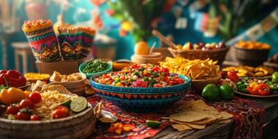 Festive table filled with colorful Mexican cuisine at a vibrant celebration photo