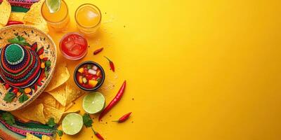 Festive table with nachos, drinks, and salsa on a bright yellow background ready for a celebration photo