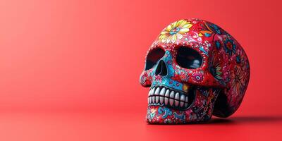 Colorful decorated skull displaying intricate floral patterns against a vibrant red background photo