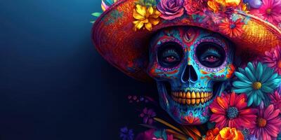 Colorful sugar skull adorned with flowers represents cultural celebration and remembrance during Day of the Dead festivities photo