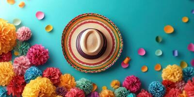 Colorful sombrero surrounded by vibrant paper flowers on a bright blue background for a festive celebration photo