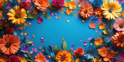 Colorful paper flowers create a vibrant backdrop for spring-themed decorations and creative projects photo