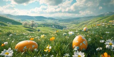 Colorful Easter eggs resting on green grass surrounded by wildflowers under a bright sky in a serene landscape photo