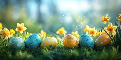 Colorful decorated Easter eggs arranged in a sunny meadow surrounded by blooming daffodils on a bright spring day photo
