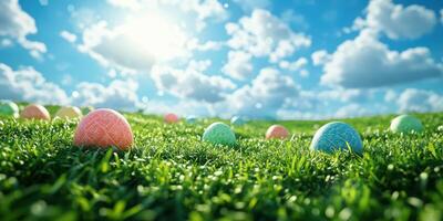 Colorful Easter eggs hidden in lush green grass under a bright sky with fluffy clouds photo