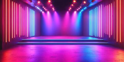 Vibrant stage with neon lights ready for performance in an art venue at night photo