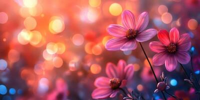 Colorful blooming flowers with glowing bokeh in a vibrant garden during sunset hours photo