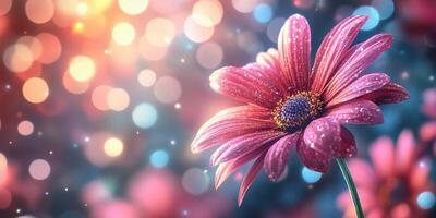 Vibrant pink flower stands out with shimmering droplets against a colorful bokeh background during a sunny day photo