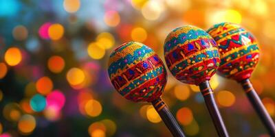 Vibrant maracas rest against a blurred background of colorful lights during a festive celebration photo