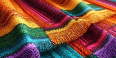 Vibrant woven blanket with colorful patterns displayed on a flat surface photo