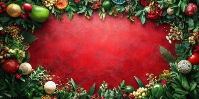 Festive holiday decor with vibrant greenery and ornaments arranged on a bold red background for seasonal celebrations photo