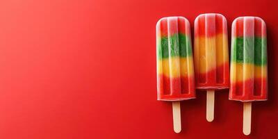 Colorful frozen treats arranged on a vibrant red background provide a refreshing summer snack experience photo