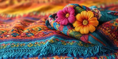 Vibrant textiles with floral accents on colorful fabric showcasing traditional craftsmanship and artistry photo